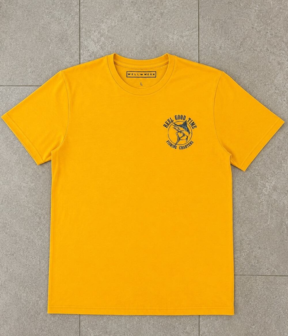 Well Worn Reel Good Time Fishing Charters Marlin Graphic Tee Yellow Large NWOT